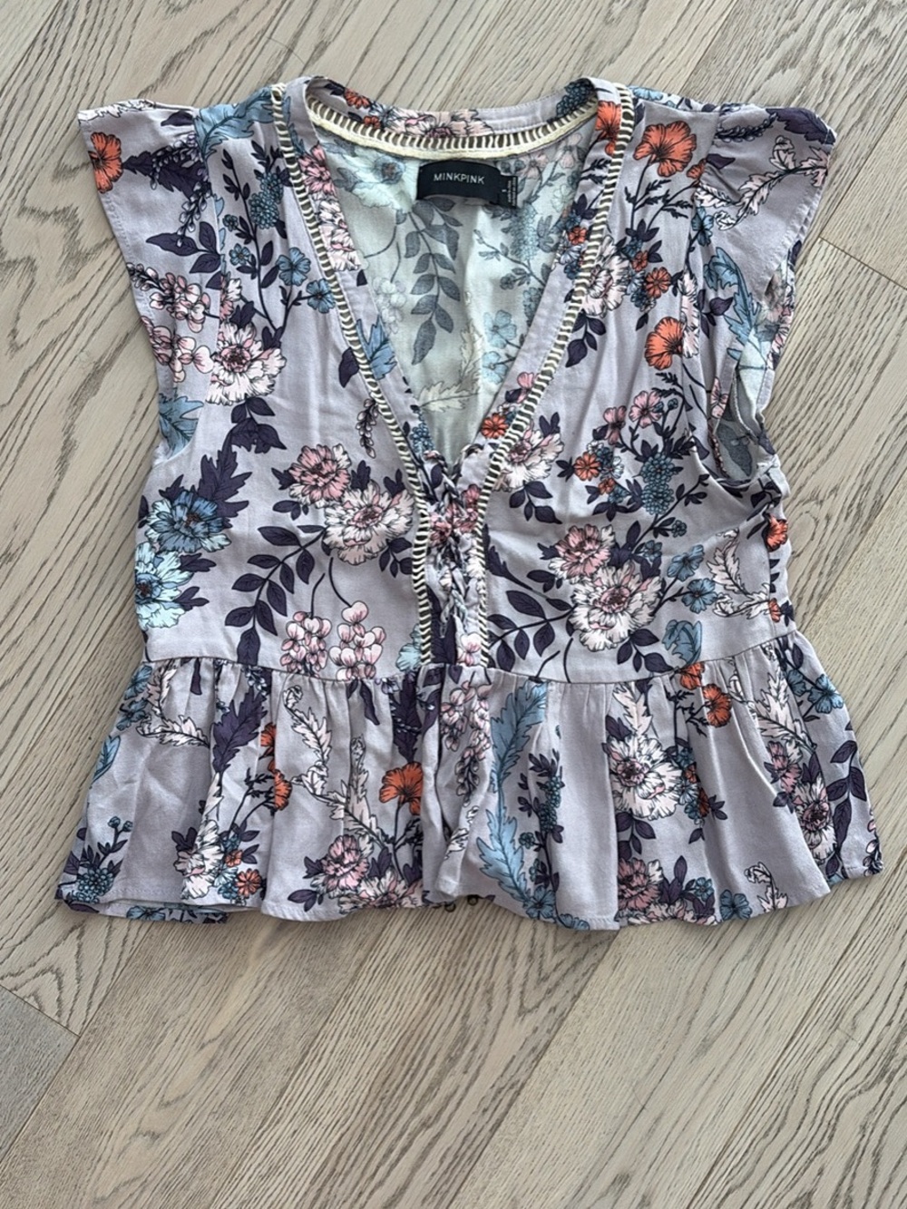 MINKPINK Lavender Floral V-Neck Peplum Blouse with Coral & Teal Accents